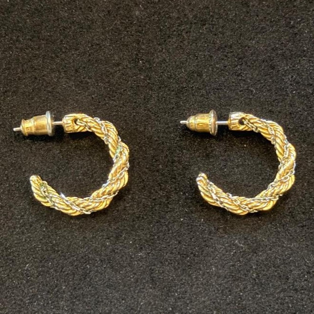 Two-tone Twisted Gold & Steel Hoop Earrings with braided texture